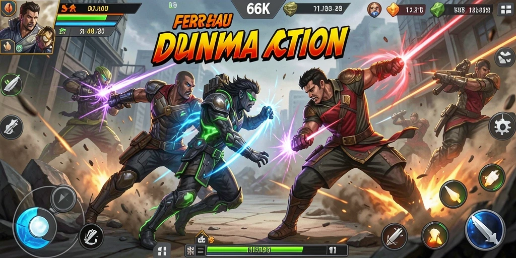 Tampilan action seru dalam game 66K dengan karakter yang beragam.