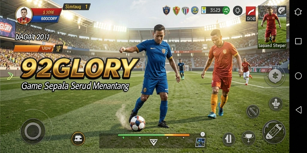 Screenshot gameplay 92GLORY menunjukkan aksi mendebarkan di lapangan sepak bola.