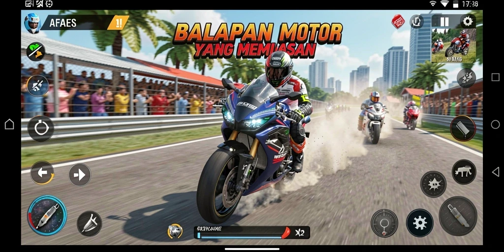 Screenshot gameplay AFAF, menunjukkan balapan motor yang mendebarkan.