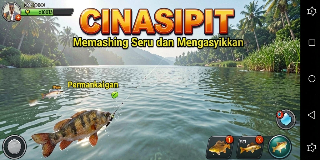 Tampilan gameplay CINASIPIT yang menampilkan aktivitas memancing yang seru.