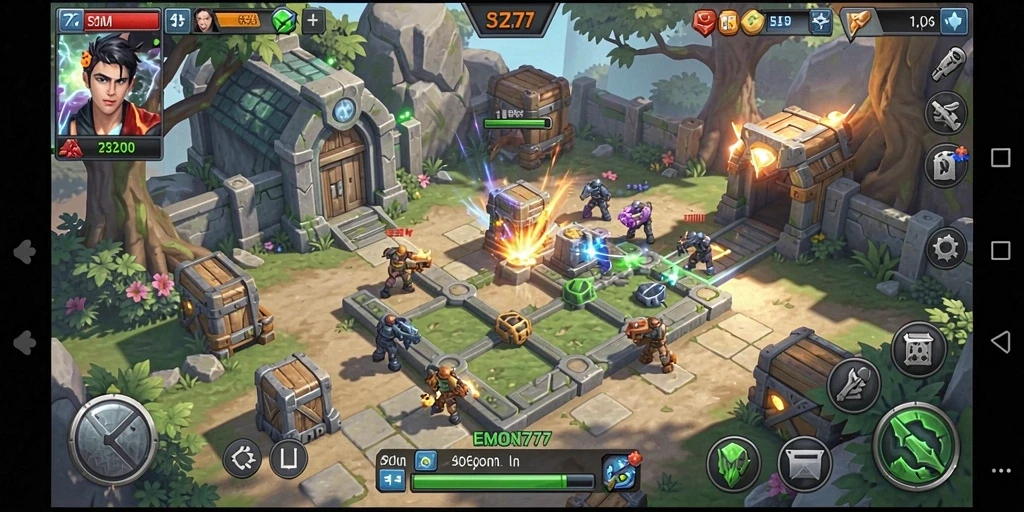 Screenshot gameplay EMON777 dengan aksi menara pertahanan yang intens.