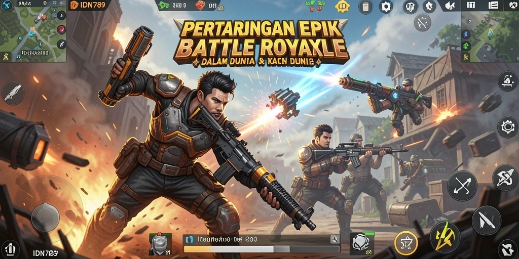 Screenshot IDN789 menampilkan pertarungan intens di lapangan pertempuran Battle Royale.