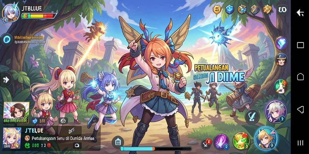 Tangkapan layar dari gameplay JTBLUE yang menampilkan karakter anime terbaik.