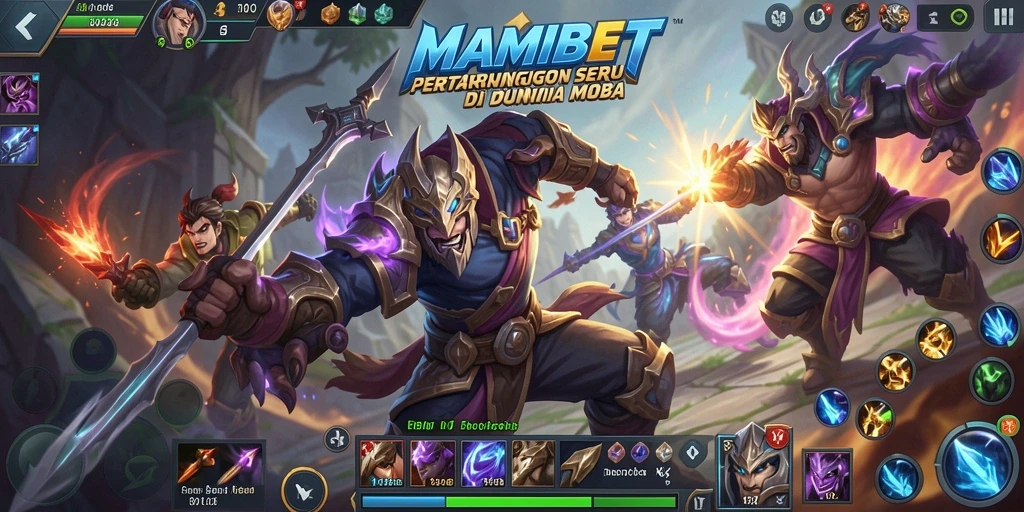 Screenshot MAMIBET menampilkan pertarungan karakter dalam arena MOBA yang mendebarkan.