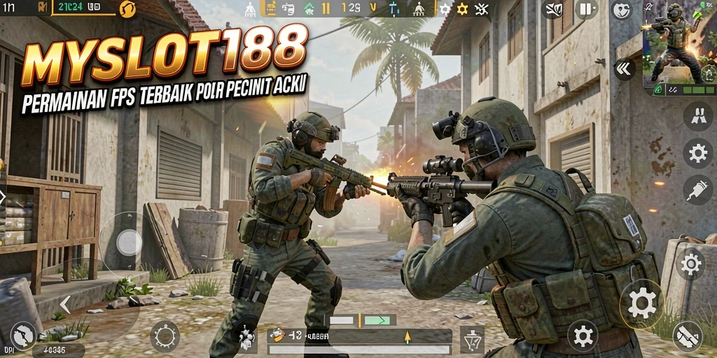 Screenshot MYSLOT188 menampilkan aksi pertempuran intens dalam gameplay FPS.