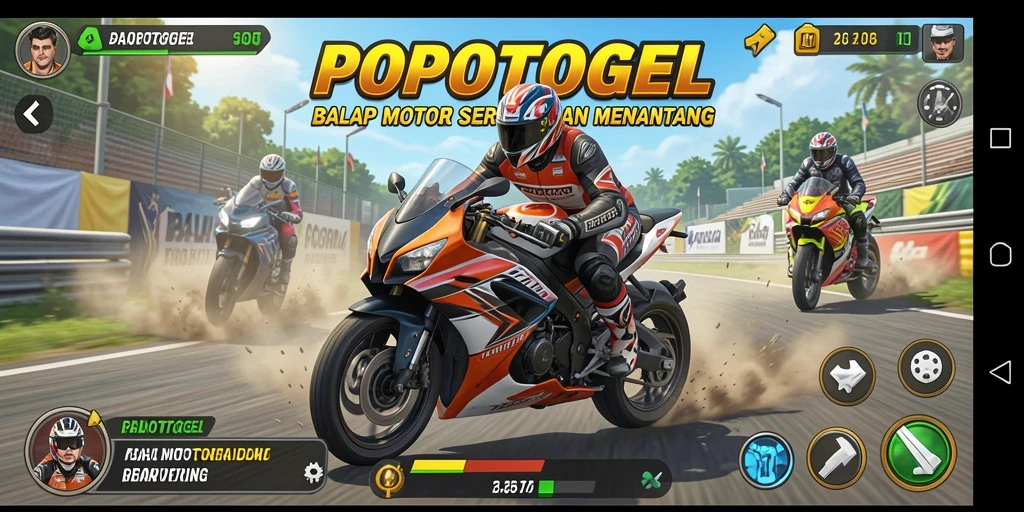Screenshot menunjukkan aksi balap motor yang seru di POPOTOGEL.