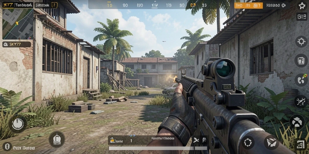 Tangkapan layar dari gameplay <strong>SKY77</strong> menunjukkan aksi menembak yang intens dan mendebarkan.